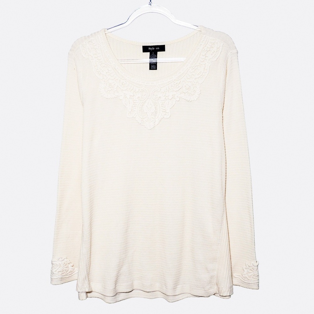 Style & Co Romantic Lace Waffle Knit‎ Cream Tunic 0X L Coquette Shabby Chic - Picture 2 of 8